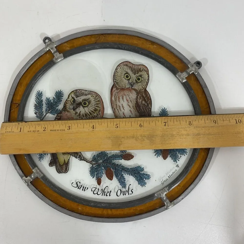 Glass Masters Stainglass Windows Hanging Saw‎ Whet Owls 9”x 8” READ
